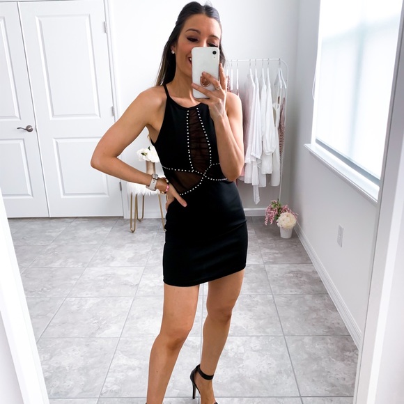 Black Halter Mesh Rhinestones Bodycon Sexy Dress - Picture 13 of 13